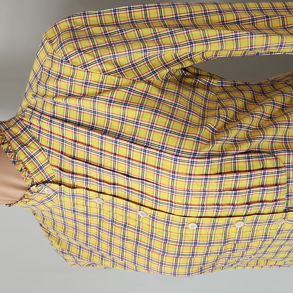 J.Crew XS Yellow Plaid Ruffleneck Tuxedo Bib Blouse - Preppy Ruffle Shirt